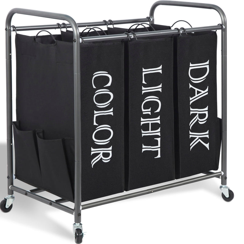STORAGE MANIAC 3 Section Laundry Sorter, 3 Bag Laundry Hamper Cart with Heavy Duty Rolling Lockable Wheels and Removable Bags, Laundry Organizer