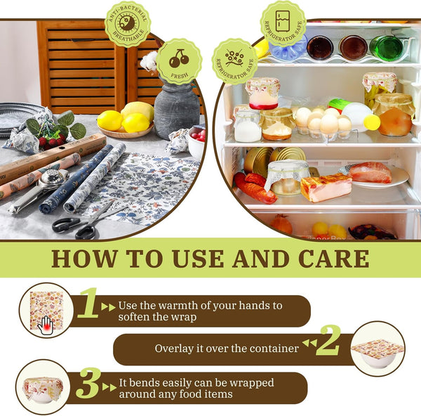 Moukeren 3 Rolls Beeswax Wraps for Food Assorted Organic Cotton Reusable Beeswax Food Wrap Sustainable Wax Paper Wrappers Plastic Silicone Free