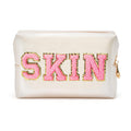 Y1Tvei 2Pcs Preppy Patch SKIN BATH Varsity Letter Cosmetic Toiletry Bag Pink Letter Makeup Bag Zipper Pouch Storage Portable Purse Waterproof