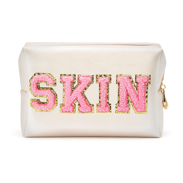 Y1Tvei 2Pcs Preppy Patch SKIN BATH Varsity Letter Cosmetic Toiletry Bag Pink Letter Makeup Bag Zipper Pouch Storage Portable Purse Waterproof