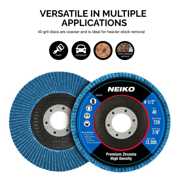 NEIKO 11257A High Density Jumbo Premium Zirconia Flap Disc | 4.5" X 7/8-Inch, 40 Grit, Bevel Type #29-10 Pack