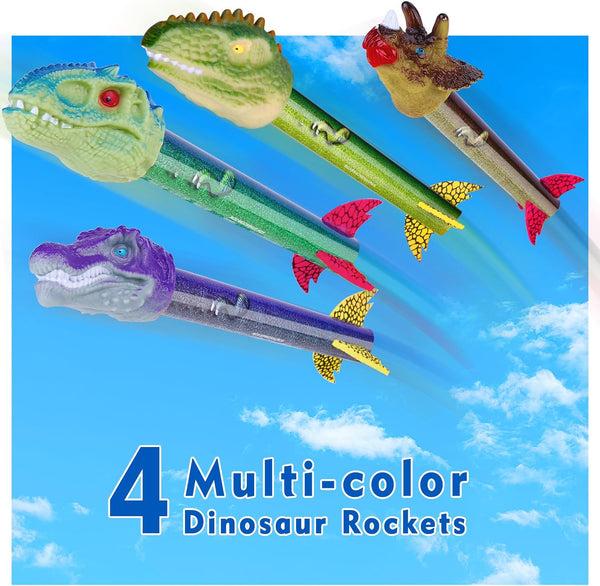 Dinosaur Toy Rocket Launcher for Kids - Launch Up to 100 Ft, 4 Rockets, Outdoor Outside Toys for Kids, Dinosaur Toys, Birthday Gifts for 3 4 5 6 7