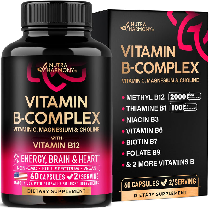 Vitamin B Complex for Men & Women - Made in USA - B-Complex: B1, B2, B3, B5, B6, B7, B8, B9, B12 with Vitamin C, Choline, Inositol - Energy, Brain