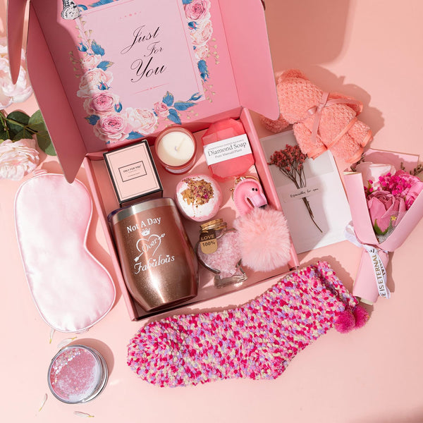 Birthday Gift Basket for Women - Unique Pink Box for Her Relaxing Self Care Set - Presents for Female Friends, Bestie, Girlfriend