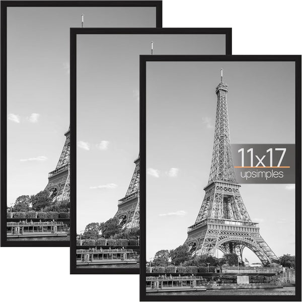 Upsimples 11X17 Picture Frame Black 3 Pack, Scratch-Proof 11 X 17 Poster Frames for Photo Gallery - Slide-In Strips, Horizontal or Vertical Wall