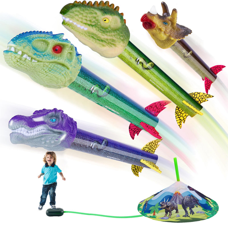 Dinosaur Toy Rocket Launcher for Kids - Launch Up to 100 Ft, 4 Rockets, Outdoor Outside Toys for Kids, Dinosaur Toys, Birthday Gifts for 3 4 5 6 7