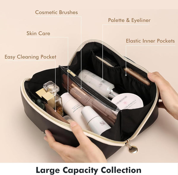 Prite Makeup Bag for Women Travel Waterproof Vegan Leather Cosmetic Bag Open Flat Toiletry Bag with Clear Divider and Handle (Large Black)