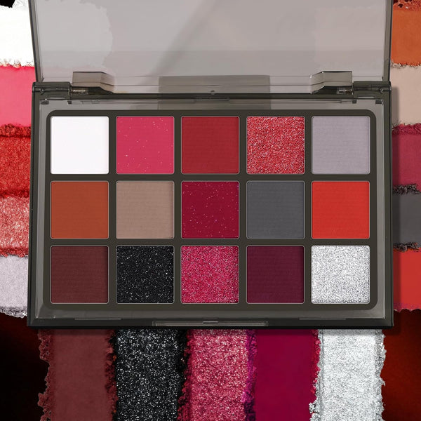 UCANBE Red Eyeshadow Makeup Palette, 15 Colors Burgunry Gray Silver Shimmer Matte Glitter Metallic Eye Shadow Pallet, Pigmented Make Up Kit for