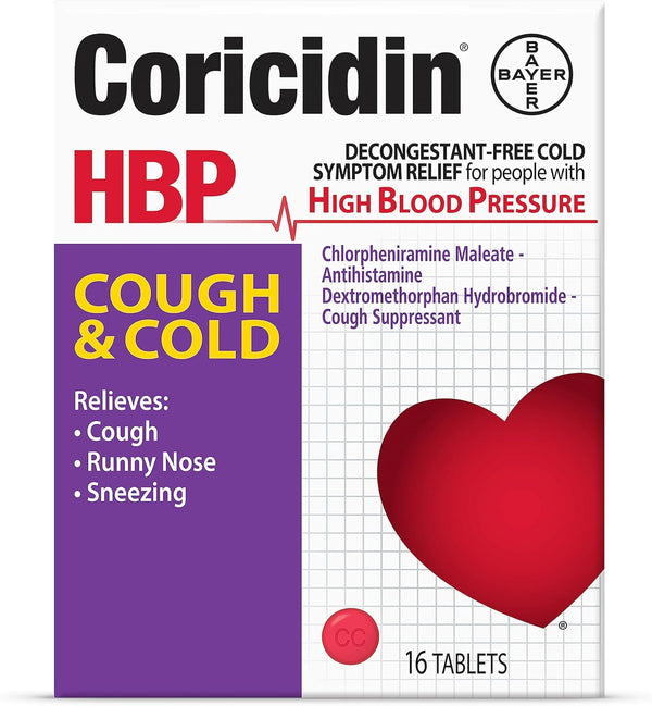 Coricidin HBP Decongestant-Free Cough and Cold Medicine - Specially Designed Relief for High Blood Pressure, Cough, Runny Nose, Sneezing and Cold