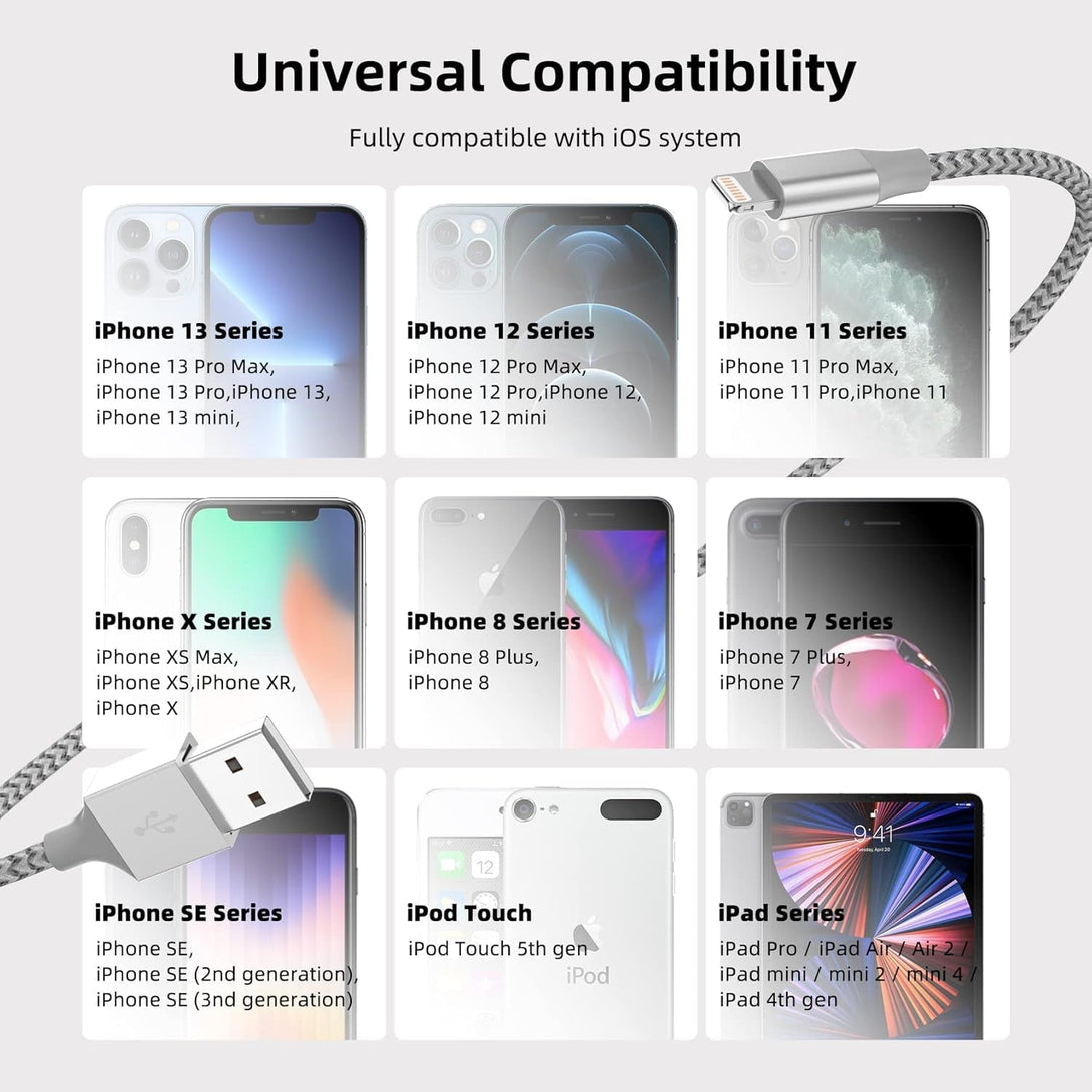 Iphone Charger 3 Pack 10 Ft Apple Mfi Certified Lightning Nylon Braided Cable Fast Charging Cord Compatible with Iphone 13 12 11 Pro Max XR XS X 8 7 6 plus SE Ipad and More