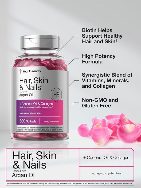 HorbÃ¤ach Hair Skin and Nails Vitamins | 300 Softgels | with Biotin and Collagen | Infused with Argan Oil and Coconut Oil | Non-Gmo, Gluten Free