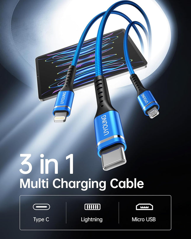 Multi Charging Cable 2Pack 6FT, 3 in 1 Charger Cable Braided Universal Phone Charging Cord with Lightning/Type C/Micro U