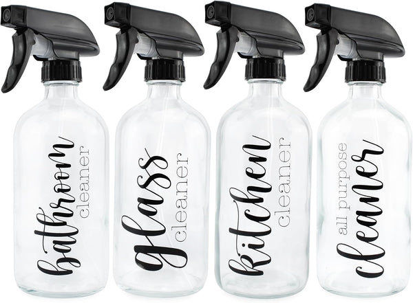 Cornucopia Brands Cleaning Spray Bottles Set, Glass (Set of 4, 16-Ounce); Refillable Trigger Sprayers W/Mist/Stream Settings and Farmhouse Script