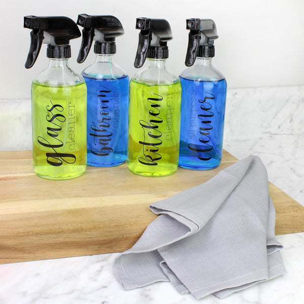 Cornucopia Brands Cleaning Spray Bottles Set, Glass (Set of 4, 16-Ounce); Refillable Trigger Sprayers W/Mist/Stream Settings and Farmhouse Script