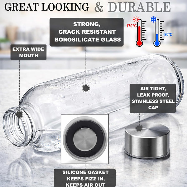 Brieftons Borosilicate Glass Water Bottles with Caps: Clear, 6 Pack, 18 Oz, Heat Resistant, Slim, Easy to Store, Leakproof Lids, Best as Reusable