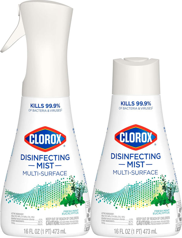Clorox Disinfecting Mist, Eucalyptus Peppermint, Household Essentials, 1 Spray and 1 Refill, 16 Oz Each