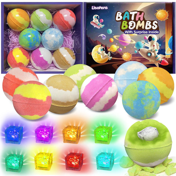 Bath Bombs for Kids with Toys Inside, 8 Light up Bath Bomb of Solar System Set, Planet Bath Bomb with Surprise Inside, Kid-Friendly Bubble Bath