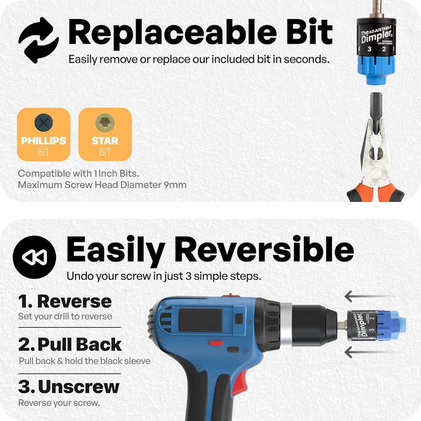 Adjustable DIMPLER ® Drywall Bit | Perfect for Converting Electric and Impact Drills into a Drywall & Deck Screw Gun | Holds the Screw with a Poweful Magnet