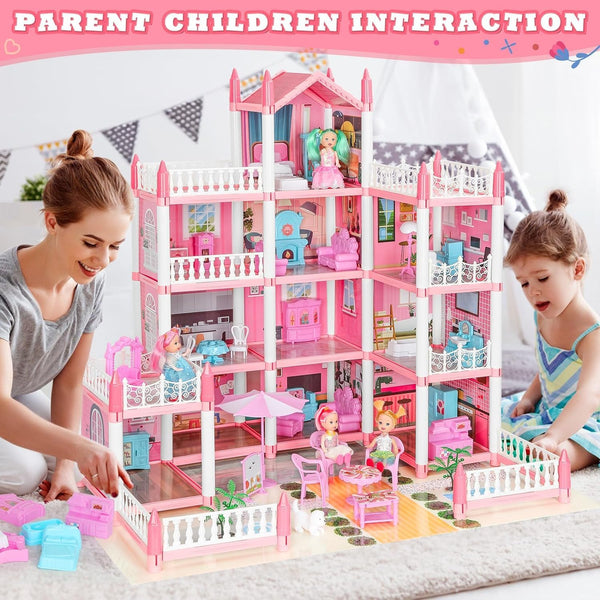 Doll House, Dream Dollhouse for Girls Pretend-Play DIY Dollhouse Kit - 4-Story 11 Rooms Playhouse with 4 Dolls Toy Figures, Furniture and