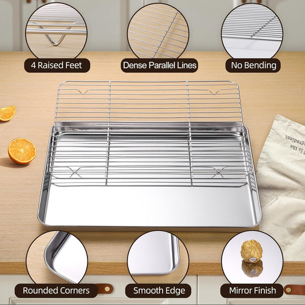 Baking Sheet with Cooling Rack Set of 6, 3 Premium Stainless Steel Cookie Sheets and 3 Wire Racks, Kitchen Nonstick Baking Pans Set Includes 3