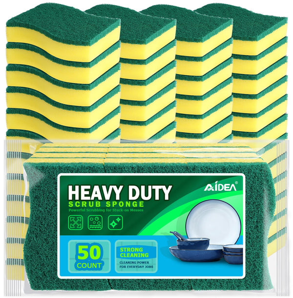 AIDEA Heavy Duty Scrub Sponge-50 Count, Cleaning Sponge, Kitchen Dish Sponge, Effortless Cleaning Eco Scrub Pads for Dishes,Pots,Pans All at Once