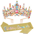 Velscrun Colourful Crystal Birthday Queen Tiara Crown for Women Girls Birthday Queen Headband Sash Elegant Princess Crown with Combs Hair