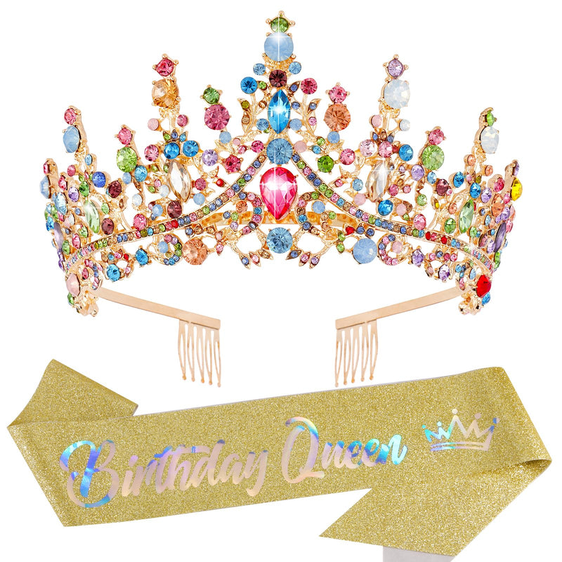 Velscrun Colourful Crystal Birthday Queen Tiara Crown for Women Girls Birthday Queen Headband Sash Elegant Princess Crown with Combs Hair