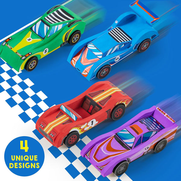Klever Kits 4 DIY Wooden Race Cars-Build & Paint Your Own Wood Craft Kit, 4 Race Cars Toy, Easy to Assemble Arts Crafts Kit, Birthday Party