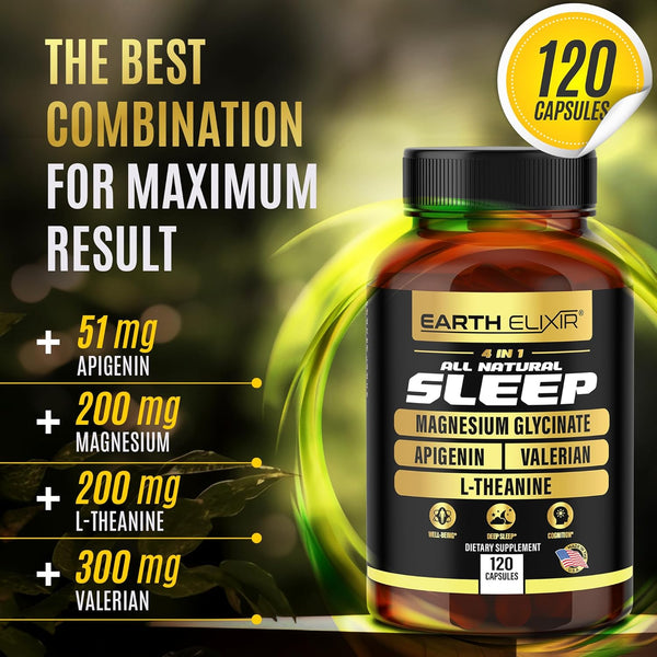 4-In-1 Sleep Aid (120 Caps) W/Apigenin 50Mg, Magnesium Glycinate 200Mg, L Theanine 200Mg & Valerian Root for Sleep Aid 300Mg | Apigenin Supplement