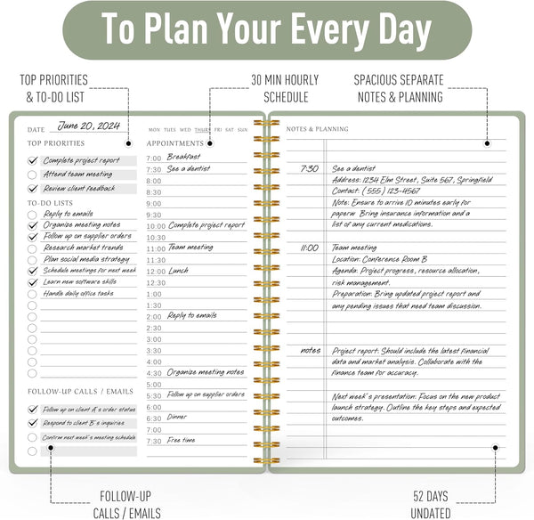 Daily Planner Undated - Simplified to Do List Notebook with Hourly Schedules, Spiral Appointment Organizer, 5.5" X 8.5", Easily Manage Your Tasks