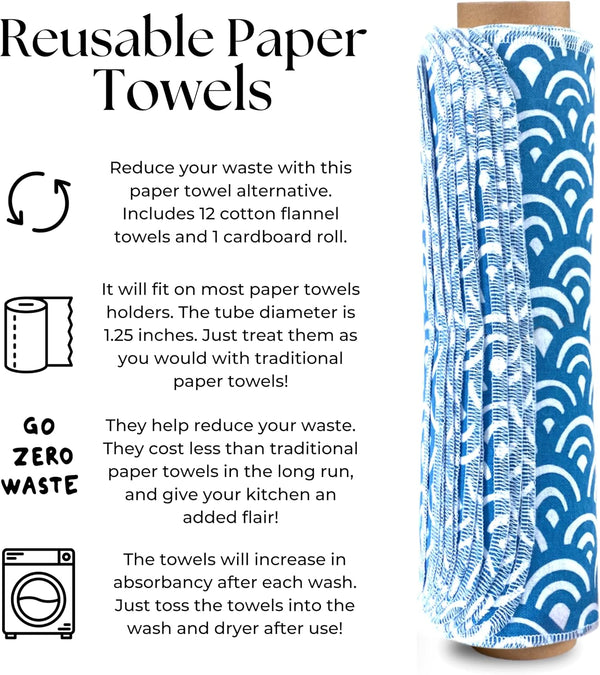The Useless Brand Reusable Paper Towels Roll | Washable Cotton Flannel Sheets W/Cardboard Roll | Fits on Most Holders (Waves, 12 Towels)
