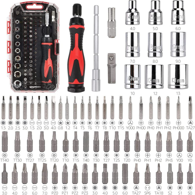 Amazon Basics Magnetic Ratcheting Wrench and Electronics Precision Screwdriver Set, 73 Count (Pack of 1), Black/Red/Silv