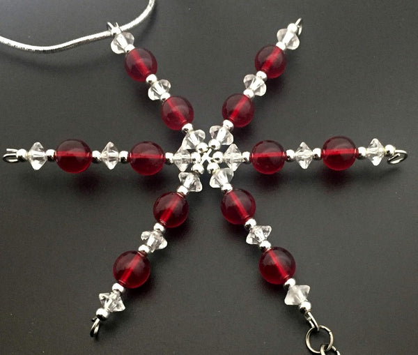 RUNNING SHOE Ornament - Beaded Snowflake Christmas Ornament/Gift Tag with round Running Shoe Charm with Jewelry Box - Handmade with Red Vintage Beads