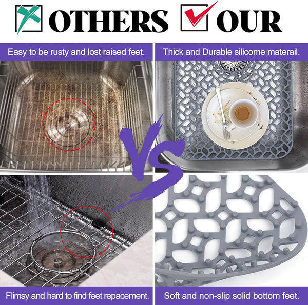 JUSTOGO Silicone Sink Protector, Non-Slip Heat Resistant Kitchen Sink Mat Grid Accessory, Center Drain (24.8"X 13"), Grey