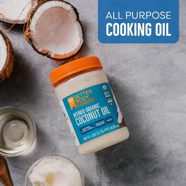 Betterbody Foods Organic Refined Coconut Oil, 28 Fl Oz, All Purpose Oil for Cooking, Baking, Hair and Skin Care