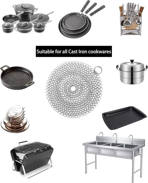 Cast Iron Skillet Cleaner Chainmail,2 Pack Premium Stainless Steel Chain Maille Scrubber for Cast Iron Pans,Stainless Steel,Glassware(7IN &5IN Round)