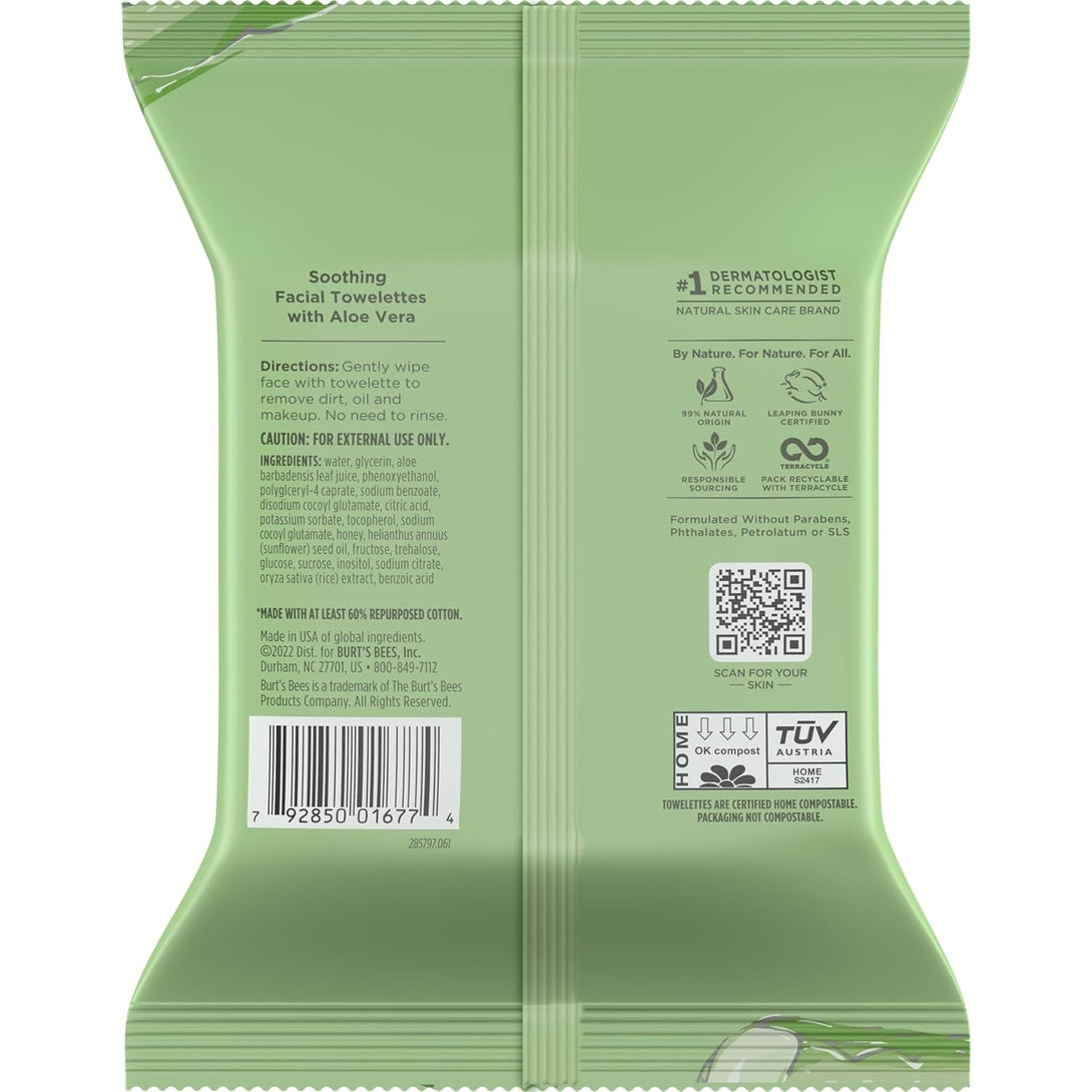 Burt'S Bees, Aloe Vera Face Wipes, for Sensitive Skin, Soothing Makeup Remover & Facial Cleansing Towelettes, 30 Count (1 Pack)