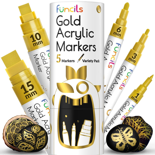 5 Acrylic Gold Paint Pen Metallic - Gold Marker Metallic Paint for Wood, Fabric, Canvas, Leaf, Tire, Metal, Glass - Perm