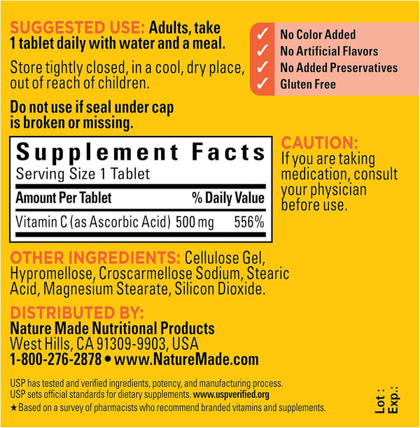 Nature Made Vitamin C 500 Mg, Dietary Supplement for Immune Support, 100 Tablets, 100 Day Supply