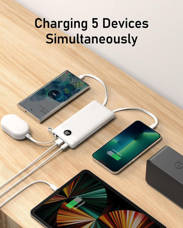 VEEKTOMX Portable Charger with Built in Cables 10000Mah, USB C Power Bank with 5 Outputs and LED Display, Small & Slim Battery Pack Compatible