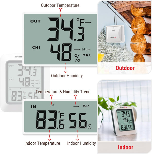 Thermopro TP60 Digital Hygrometer Outdoor Thermometer Wireless Temperature and Humidity Gauge Monitor Room Thermometer with 500Ft/150M Range
