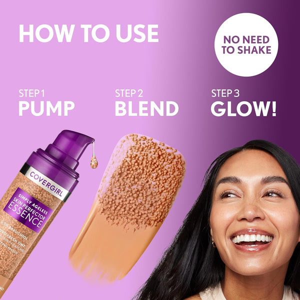 Covergirl Simply Ageless Skin Perfector Essence Foundation, 10 Fair, Tinted Skincare Makeup Hybrid, Sheer Tint, Radiant Finish, Glowy Finish,