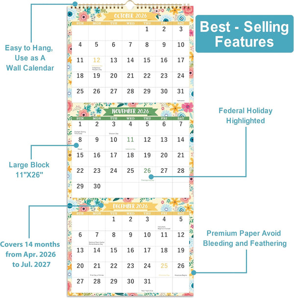 Calendar 2025-2026 - May. 2025 - Jun. 2026, 3 Month Display Wall Calendar (Folded in One Month), 11.3" X 26" (When Opened), Vertical Calendar