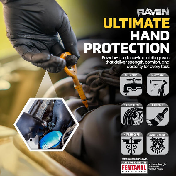 Raven Powder Free Nitrile Disposable Gloves 7 Mil - XL Latex Free, Chemical + Puncture Resistant, Textured Grip, Single Use for Automotive,