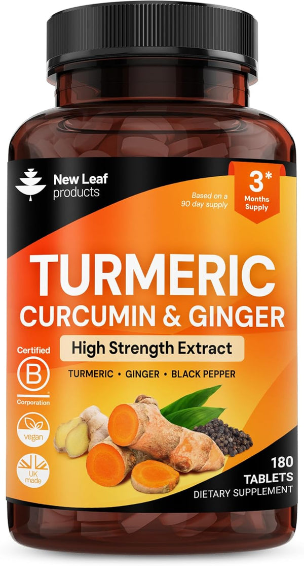 Turmeric Tablets with Black Pepper & Ginger - Curcumin - 180 Turmeric and Black Pepper Tablets (3 Month) High Strength Active Turmeric Supplements