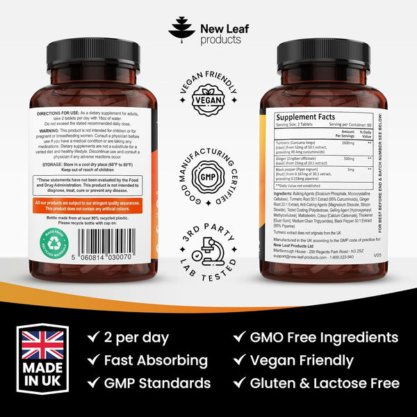 Turmeric Tablets with Black Pepper & Ginger - Curcumin - 180 Turmeric and Black Pepper Tablets (3 Month) High Strength Active Turmeric Supplements
