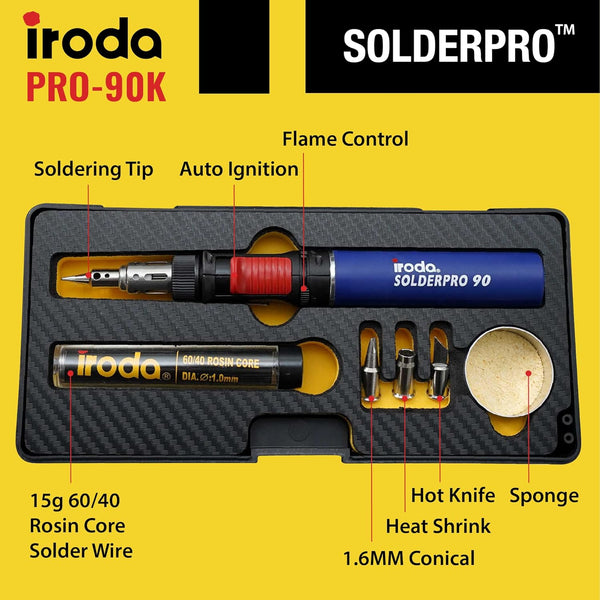 IRODA SOLDERPRO 90K Butane Soldering Iron Kit â 9 Piece Kit 3-In-1 Heat Tool (25â80W) Self-Igniting, Adjustable Flame, 17S Heat-Up, 53-Min