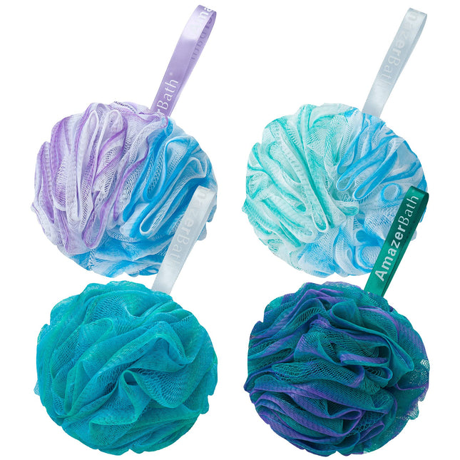 Amazerbath Loofah Sponge 75G/Piece, Exfoliating Bath Sponge Body Scrubber - Loofa Set of 4 Flower Color (Large, Green-Pu