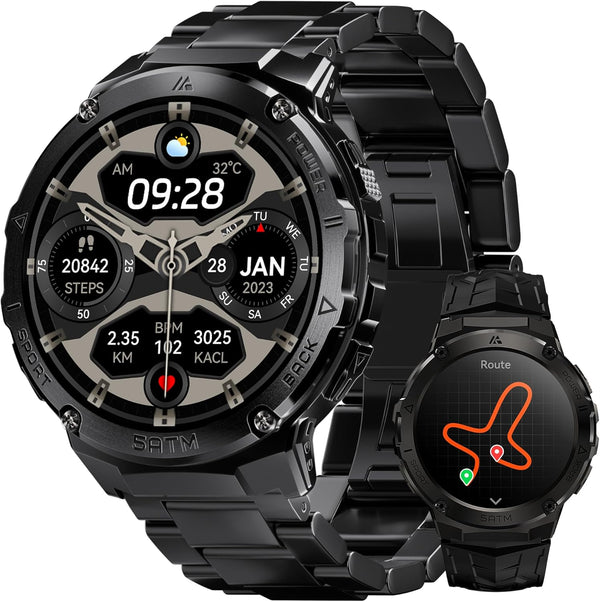 Smart Watches for Men GPS, Pressure,Altitude,Compass, 480Mah Extra-Large Battery, 50M Waterproof, Full Metal Body Rugged Smartwatch, Answer/Make