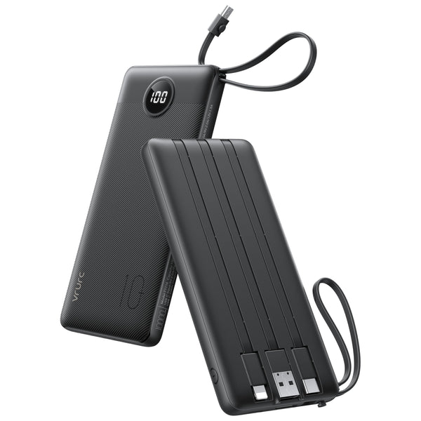 VRURC Portable Charger with Built in Cables, 10000Mah Travel Essentials Power Bank, 5 Output 2 Input LED Display External Battery Pack Compatible